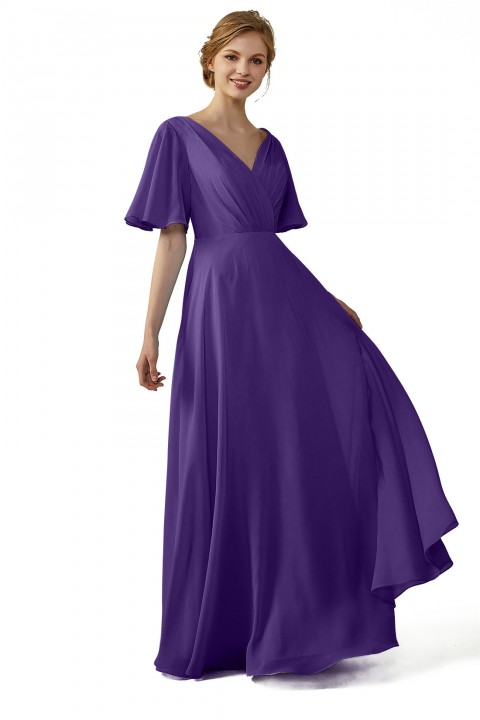 Casual V-Neck Flutter Sleeves Chiffon Ruched Bridesmaid Dress with Keyhole Back