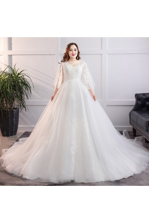 Plus Size 2021 Embroidered Flower Decor Deep V Neck Half Tulle Sleeves Embroidered Tulle Wedding Dress With Long Train