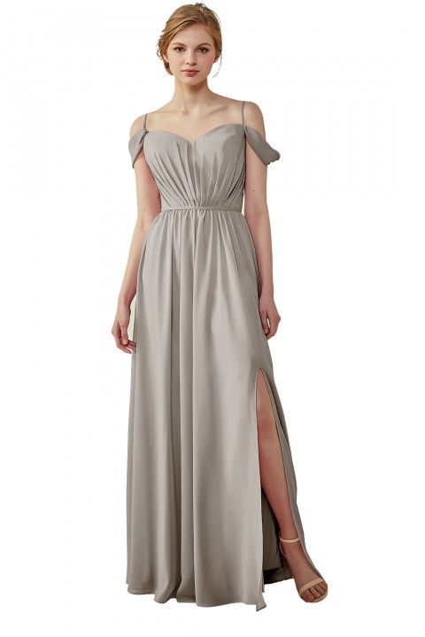 A-Line Cold Shoulder Spaghetti Straps Chiffon Bridesmaid Dress with Side Slit