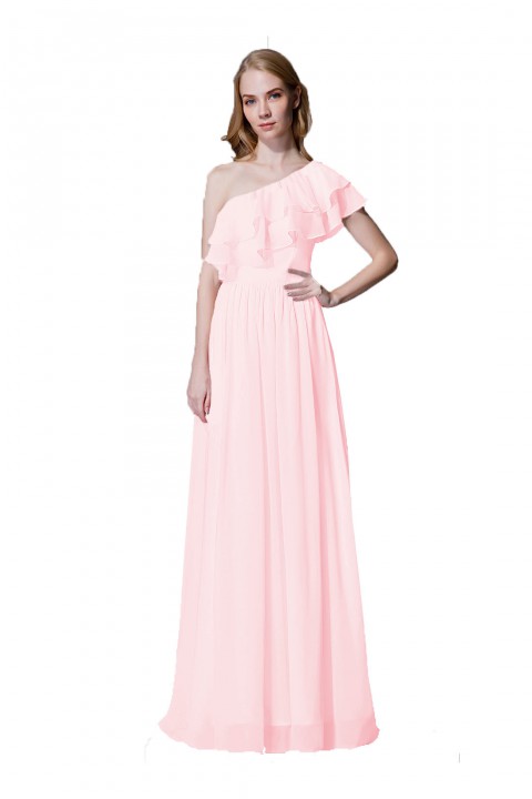 Asymmetrical One-Shoulder Flounce Chiffon Bridesmaid Dress Long