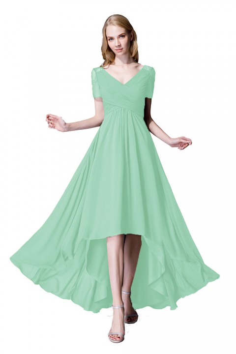 Criss Pleated V-neck High-low Chiffon Bridesmaid Dress with Illusion Sleeves