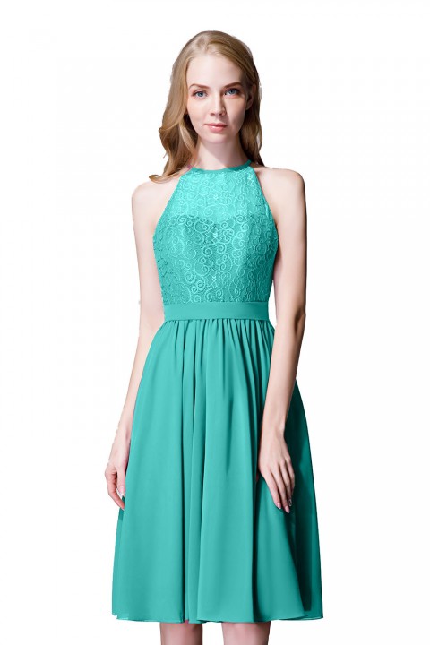 Illusion High Neck Halter Lace Short Bridesmaid Dress with Tie Detail