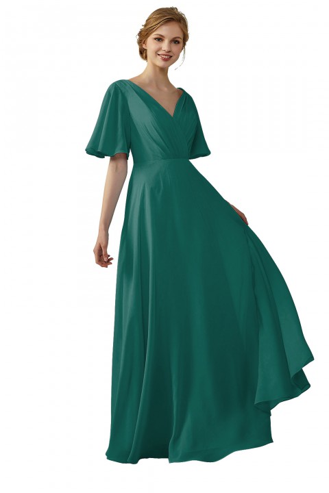 Casual V-Neck Flutter Sleeves Chiffon Ruched Bridesmaid Dress with Keyhole Back