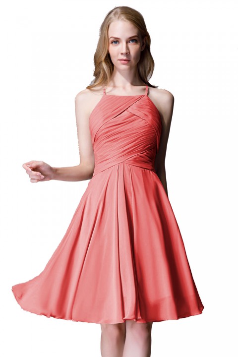 Elegant Halter Tea Length Pleated Chiffon Bridesmaid Dress with Tie Back