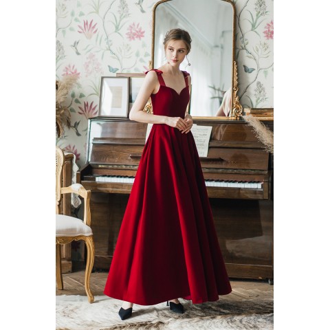 Burgundy Bowknot Decor Straps Velvet Party Dress