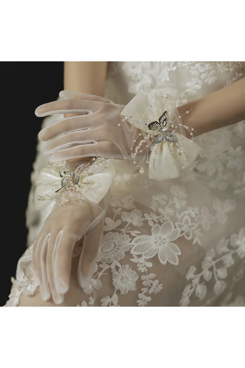 White Lace Silk Bow&Butterfly Shape Decor Tulle Wedding Bridal Gloves