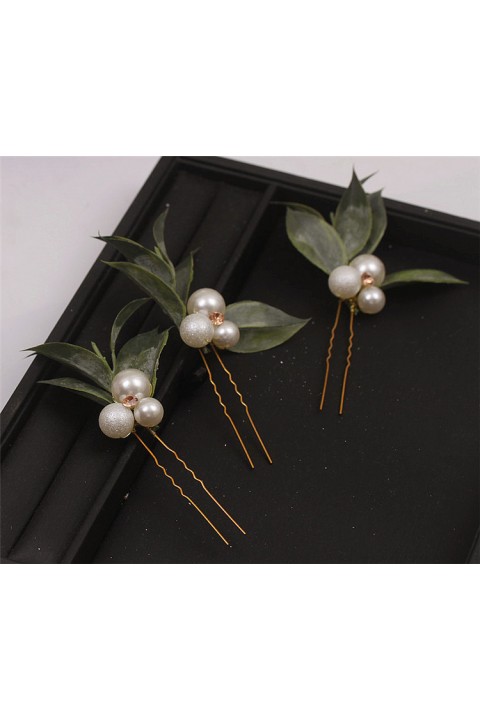 Artificial Leaf Pearl Decor Bridal Hairpins (3 in a set)