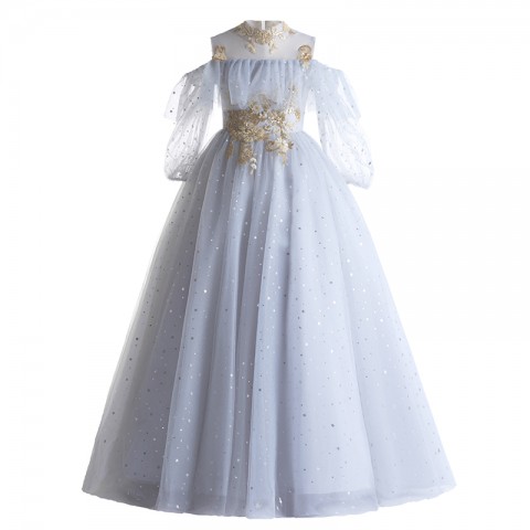 Light Grey High Neck Cold Shoulder Flounce Sequin Flower Decor Shiny Tulle Skirt Girls Pageant Dress