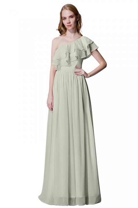 Asymmetrical One-Shoulder Flounce Chiffon Bridesmaid Dress Long