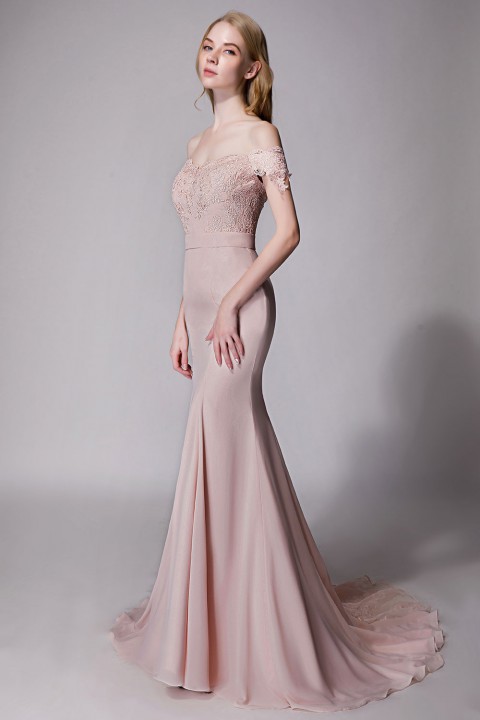 Elegant Mermaid Off Shoulder Chiffon Lace Straight Bridesmaid Dress with Train