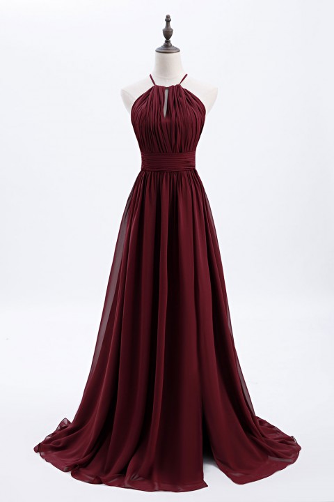 High-Neck with Keyhole Halter Tie Back Chiffon Bridesmaid Dress 