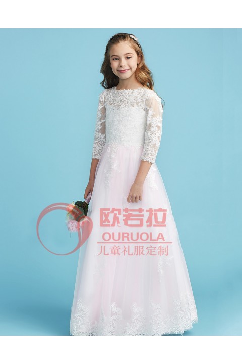 Round Neck Long Sleeve Tulle Skirt Junior Bridesmaid Dresses