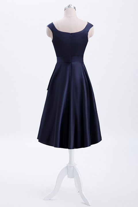 Scoop Neck Knee-Length Satin Bridesmaid Dress With Cascading Ruffles