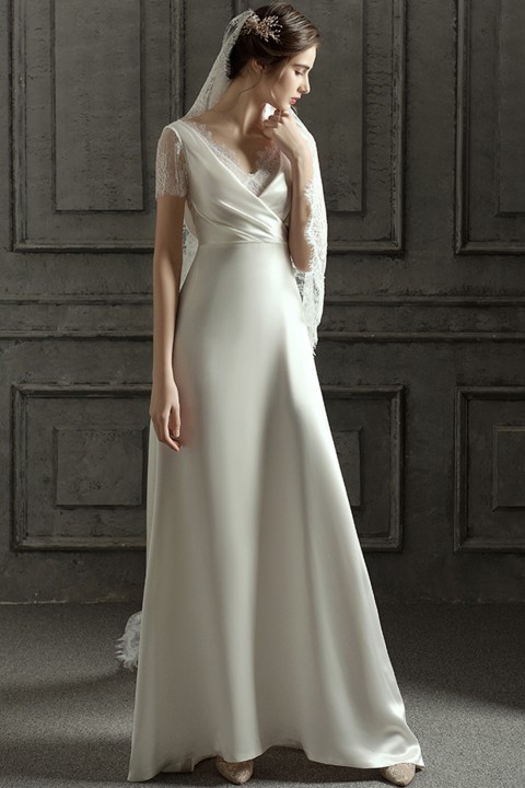 Lace Crochet Ruched Short Sleeve Casual Satin Wedding Dress with Train