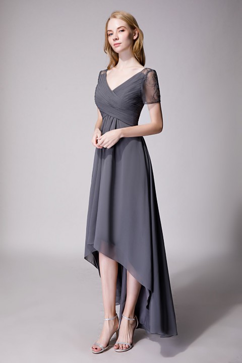 Criss Pleated V-neck High-low Chiffon Bridesmaid Dress with Illusion Sleeves