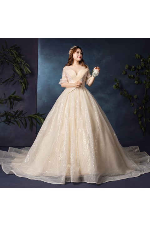 Plus Size 2021 Round Neck Puff Sleeves Deep V Tulle Decor Embroidered Flower Sequin Tulle Wedding Dress With Long Train