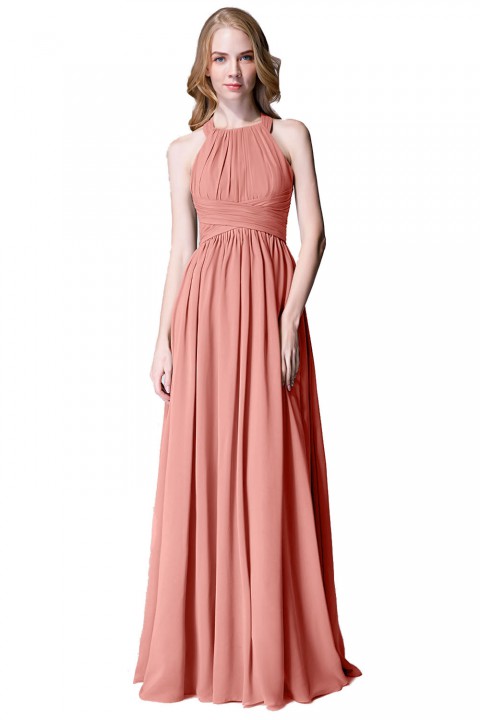 Sophisticated Halter Neckline Keyhole Back Pleated Bridesmaid Dress