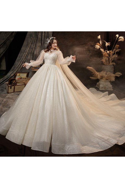 Plus Size 2021 Round Neck Tulle Sleeves Beaded Sequin Decor Shiny Tulle Wedding Dress With Long Train