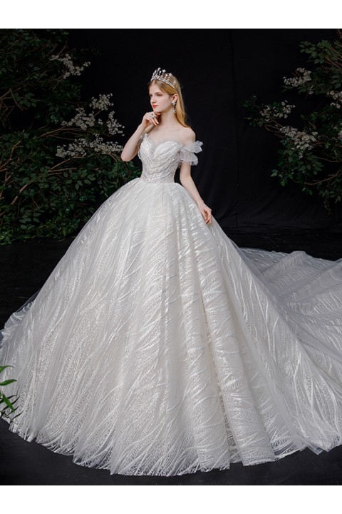 New 2021 Elegant Off Shoulder Beads Decor Embroidered Tulle Wedding Dress With Long Train