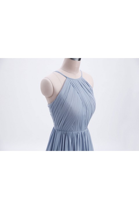 Pleated A-Line Halter Spaghetti-Straps Back Chiffon Bridesmaid Dress