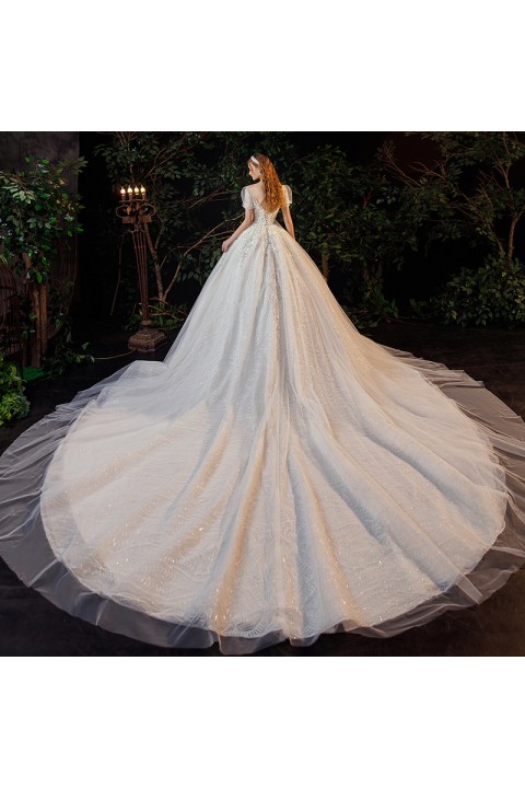 New 2021 Deep V-neck Puff Sleeves Beaded & Sequin Embroidered Fantasy Tulle Wedding Dress With Long Train