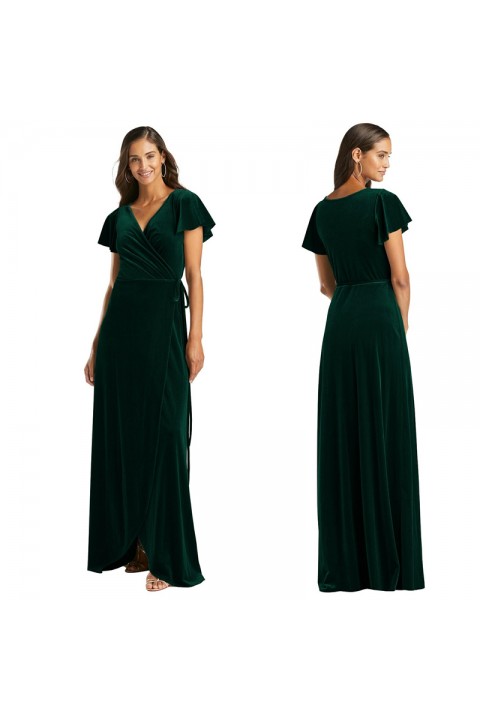 Dark Green V Neck Cap Sleeves Self Tie High Split Luxe Velvet Bridesmaid Dress