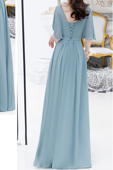 Boat Neck Bat Sleeve Pleated Chiffon Long Bridesmaid Dress with Corsage Back