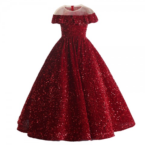 Red Gorgeous Round Neck With Flounce Decor Sequin Girls Pageant Dress