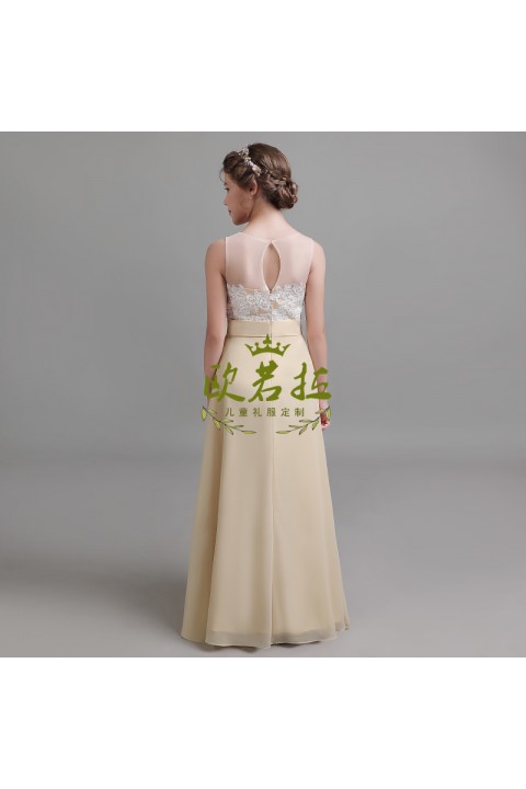 Round Neck Lace Embroidery Sleeveless Chiffon Junior Bridesmaid Dresses