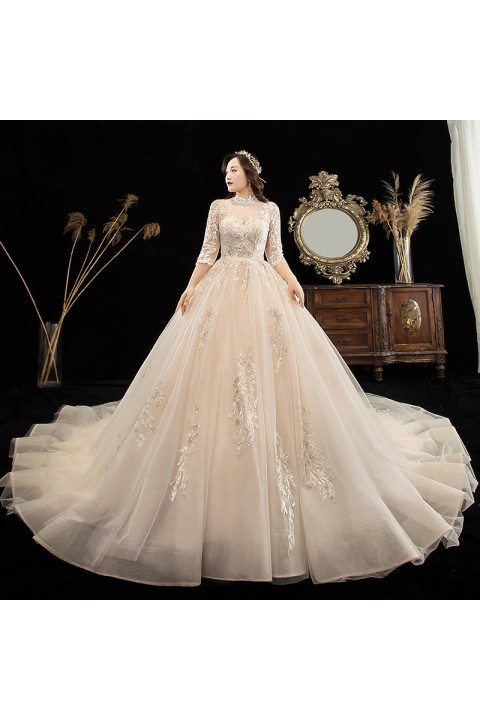 Plus Size 2021 High Lace Neck Half Sleeves Sequin Decor Emboridered Flower Tulle Wedding Dress With Long Train