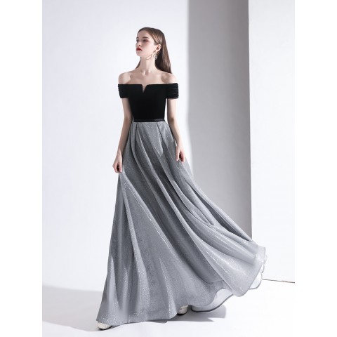 Black Off Shoulder Sleeveles Grey Seqins Skirt Velvet Party Dress