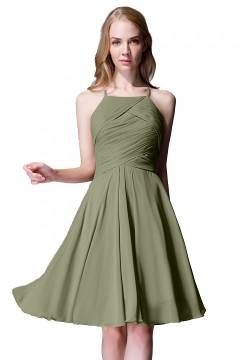 Elegant Halter Tea Length Pleated Chiffon Bridesmaid Dress with Tie Back