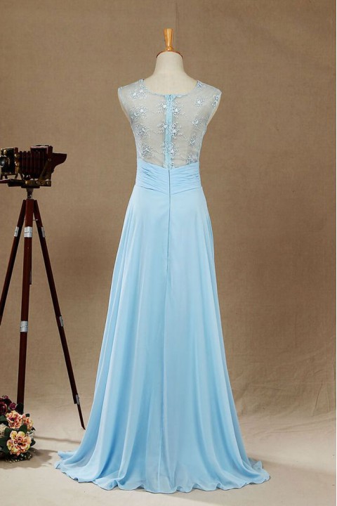 Lace Illusion Back Scoop Criss-Pleated Waist Bridesmaid Dress Long