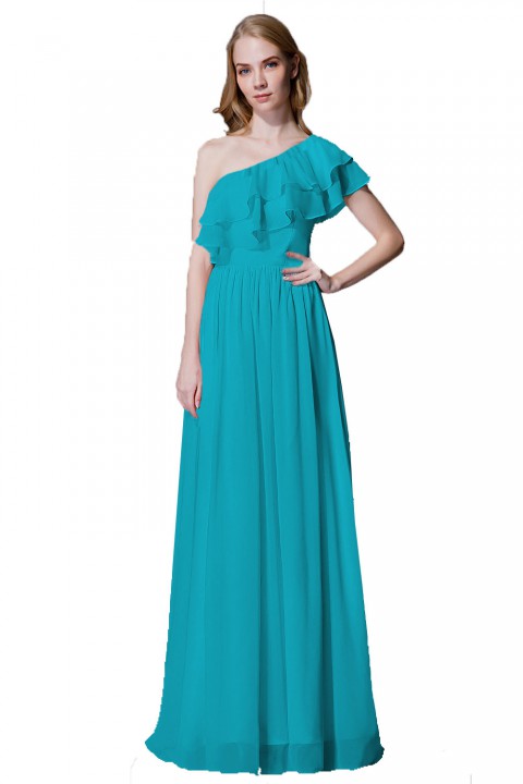 Asymmetrical One-Shoulder Flounce Chiffon Bridesmaid Dress Long