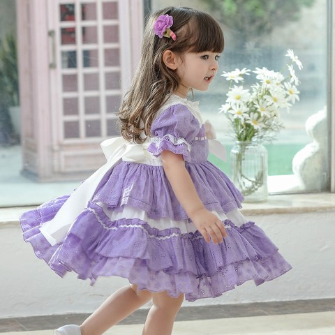 Purple Short Sleeve Bow Decor Layered Princess Costume Dresses