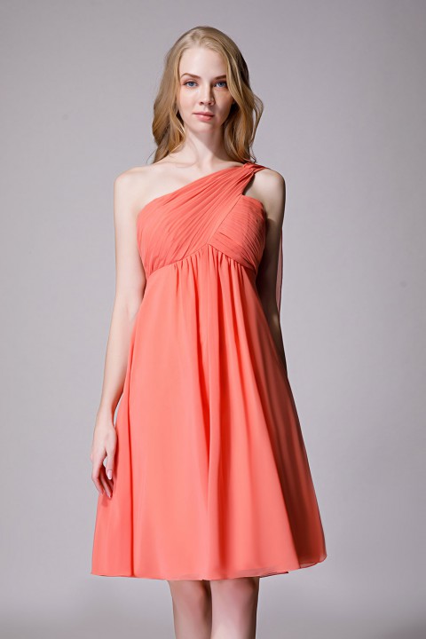 One-Shoulder Pleated Chiffon Short Bridesmaid Dress With Flowing Cape