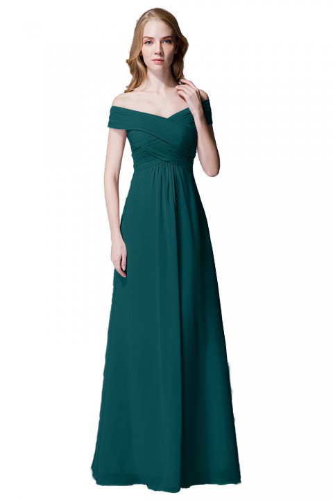 Crisscross Off-the-Shoulder Pleated V-back Bridesmaid Dress Long