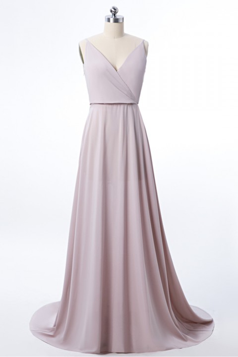 Low V Neck & Back Spaghetti Straps Bridesmaid Dress with Train