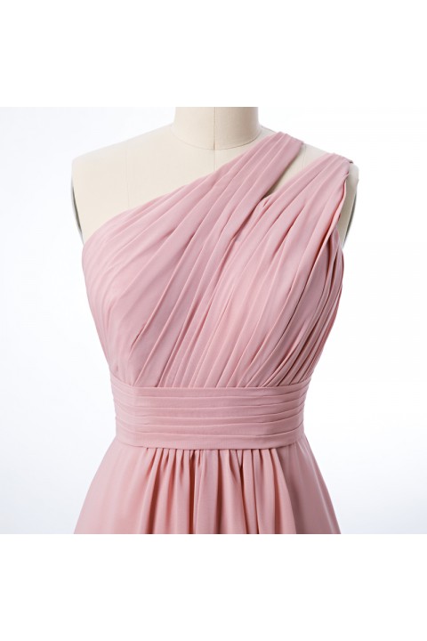 One Shoulder with Double-Straps Detail Pleated Bodice Floor Length Chiffon Bridesmaid Dress