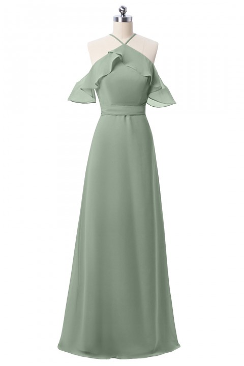 Halter Neckline with Flouncing Off Shoulder Keyhole Back Bridesmaid Dress with Belt