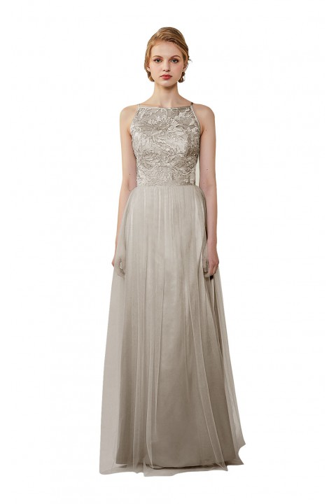 Tulle Lace Illusion Boatneck and Back Bridesmaid Dress with Keyhole 