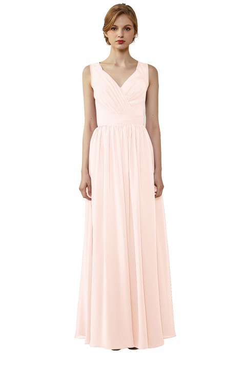 Lace Illusion Back Closure with Button Ruched V-Neck Bridesmaid Dress 