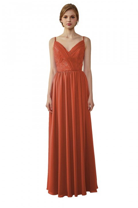 Double Spaghetti Straps Draped Lace Open-back Chiffon Bridesmaid Dress