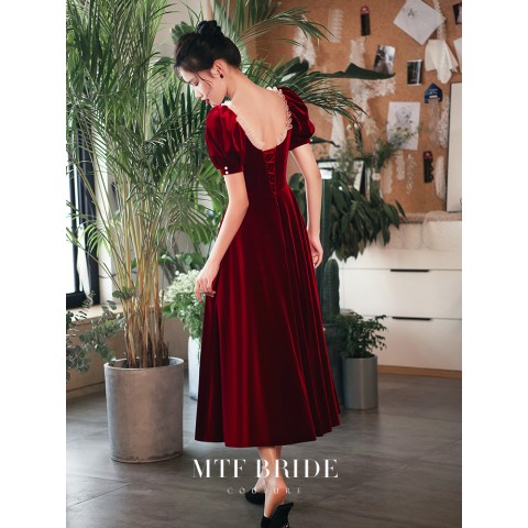 Burgundy Elena Sweetheart Neck Pearl Decor Puff Sleeves Velvet Party Dress