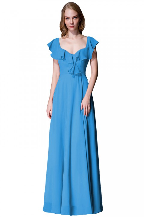 V Neck Cascading Ruffles Sleeve Bow Back Bridesmaid Dress 