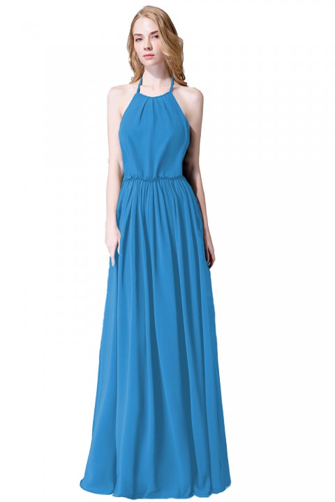 Halter Spaghetti Strap Open Back Chiffon Bridesmaid Dress with Sash