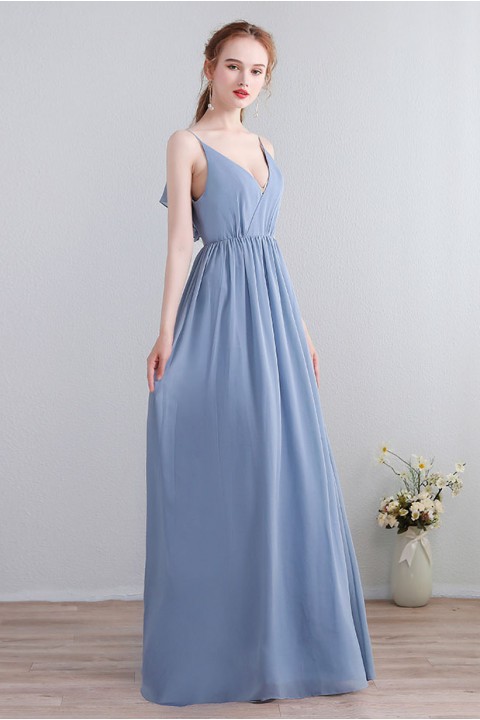 V Neck Ruffle Back with Lace Spaghetti Straps Chiffon Bridesmaid Dress