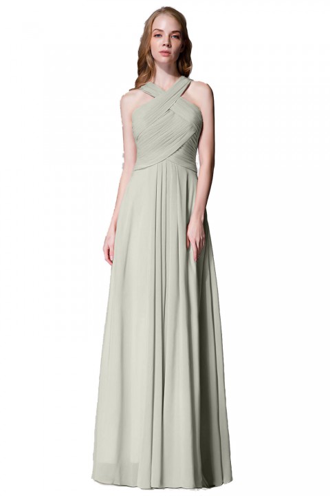 Chic Criss-cross Halter Pleated Chiffon Bridesmaid Dress Long