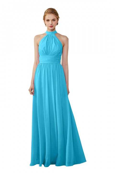 High Neck Chiffon Lace Triangle Back Halter Bridesmaid Dress