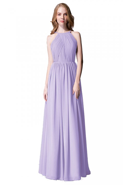 Pleated A-Line Halter Spaghetti-Straps Back Chiffon Bridesmaid Dress